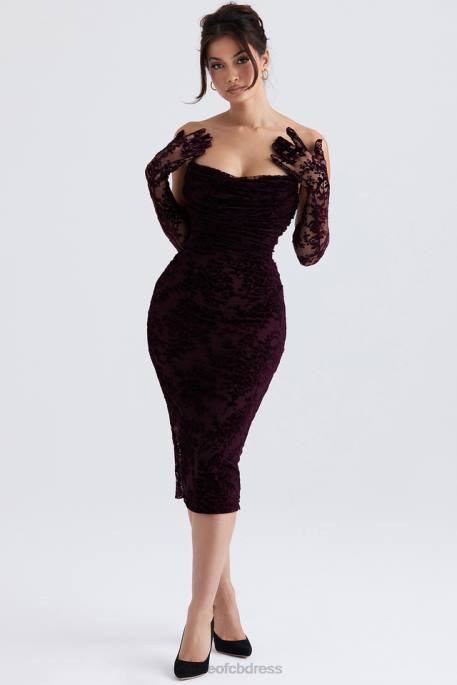 House of CB Isadora Black Cherry Devore Corset Dress Clothing 4H6N351