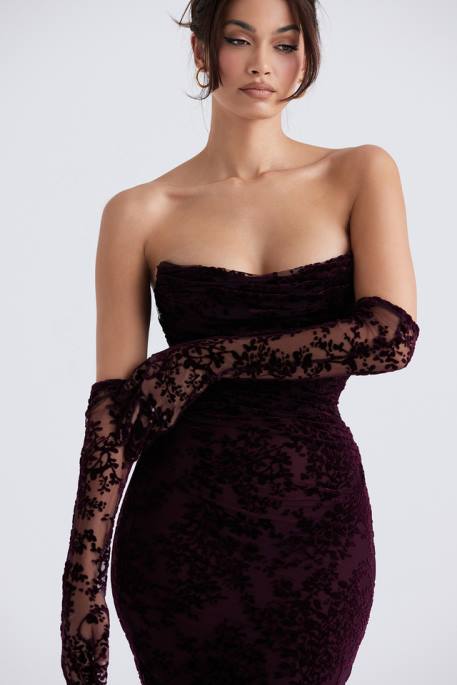 House of CB Isadora Black Cherry Devore Corset Dress Clothing 4H6N351