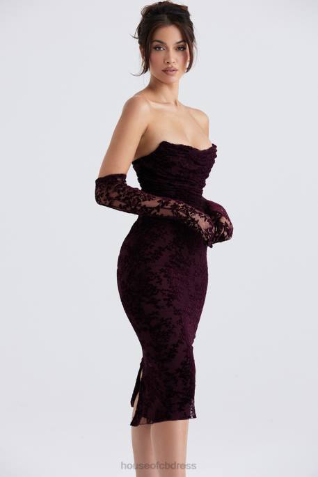 House of CB Isadora Black Cherry Devore Corset Dress Clothing 4H6N351