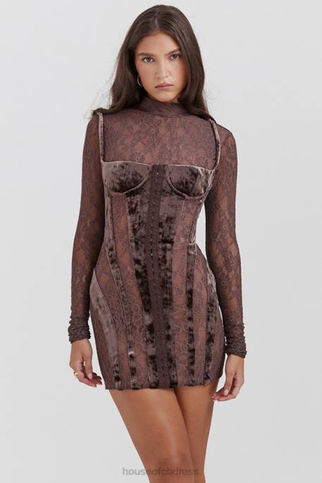 House of CB Marica Brown Velvet & Lace Corset Dress Clothing 4H6N138