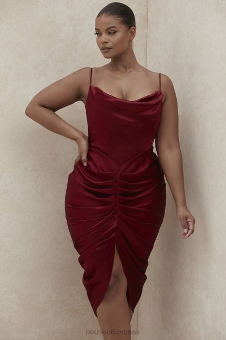 House of CB Nera Wine Satin Draped Corset Dress Clothing 4H6N600