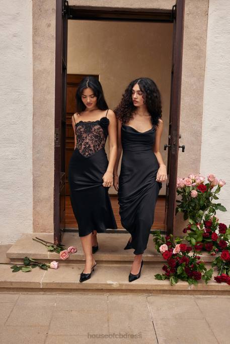 House of CB Nikita Black Satin and Lace Corset Dress Clothing 4H6N301