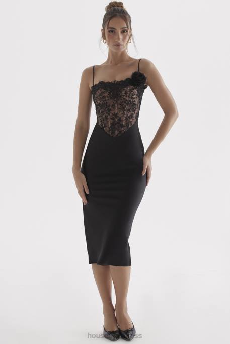 House of CB Nikita Black Satin and Lace Corset Dress Clothing 4H6N301