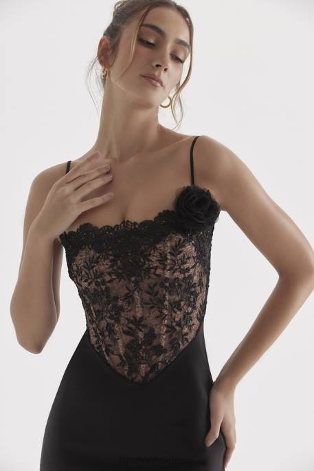 House of CB Nikita Black Satin and Lace Corset Dress Clothing 4H6N301