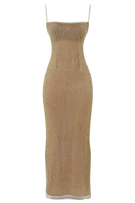 House of CB Alondra Cafe Au Lait Beaded Maxi Dress - Limited Edition Clothing 4H6N220