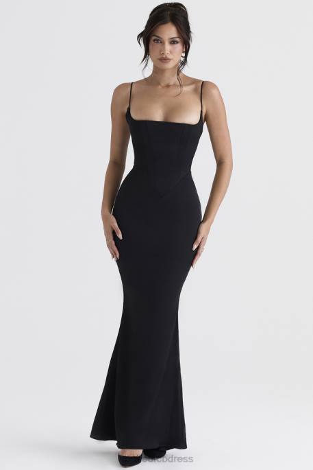 House of CB Olivette Black Satin Corset Maxi Dress Clothing 4H6N386