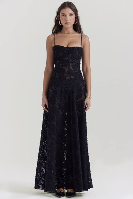 House of CB Seren Black Floral Lace Back Maxi Dress Clothing 4H6N126