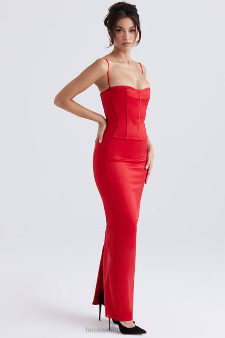 House of CB Shani Red Satin Corset Maxi Dress Clothing 4H6N357
