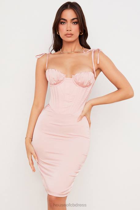 House of CB Alma Blush Pink Satin Corset Midi Dress Clothing 4H6N546