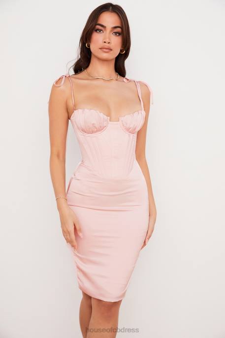 House of CB Alma Blush Pink Satin Corset Midi Dress Clothing 4H6N546