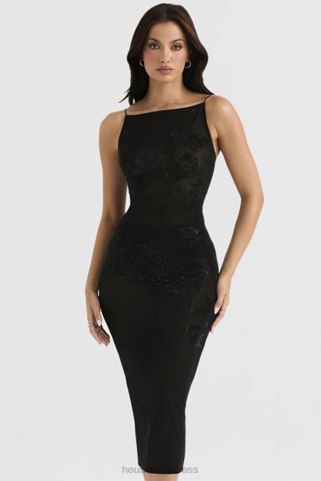 House of CB Amirah Black Mesh Crystal Embellished Midi Dress Clothing 4H6N367