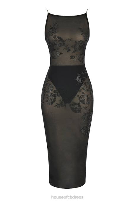 House of CB Amirah Black Mesh Crystal Embellished Midi Dress Clothing 4H6N367