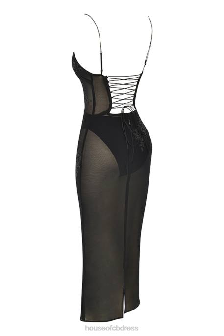 House of CB Amirah Black Mesh Crystal Embellished Midi Dress Clothing 4H6N367