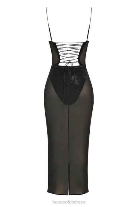 House of CB Amirah Black Mesh Crystal Embellished Midi Dress Clothing 4H6N367