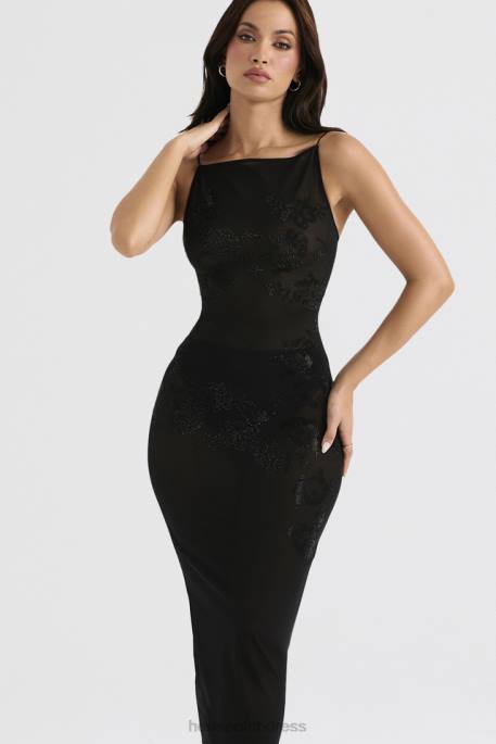 House of CB Amirah Black Mesh Crystal Embellished Midi Dress Clothing 4H6N367