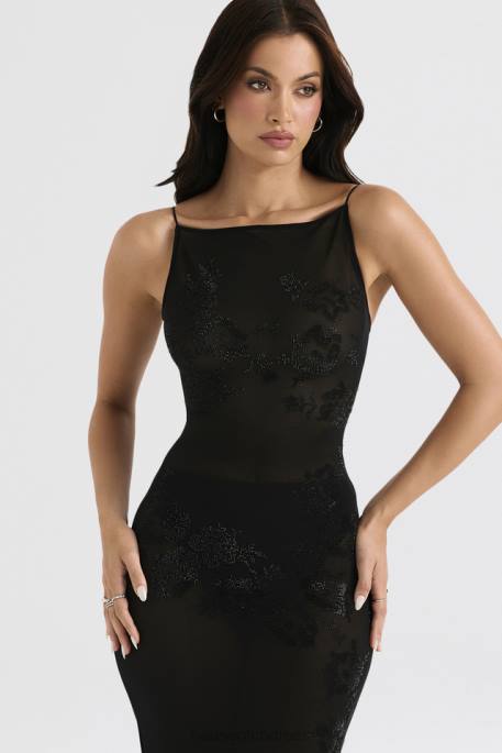 House of CB Amirah Black Mesh Crystal Embellished Midi Dress Clothing 4H6N367
