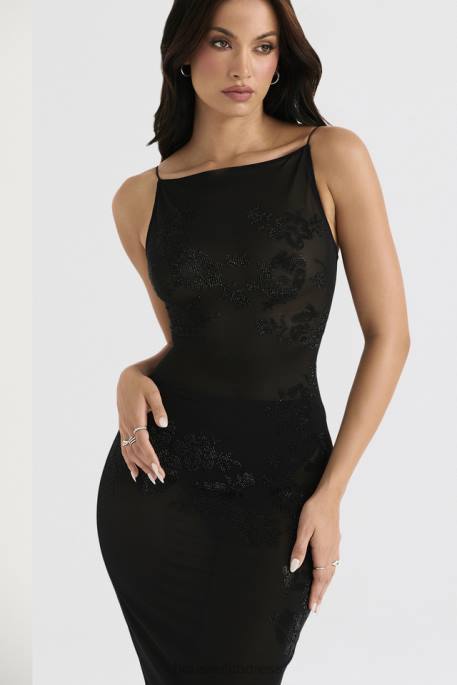 House of CB Amirah Black Mesh Crystal Embellished Midi Dress Clothing 4H6N367