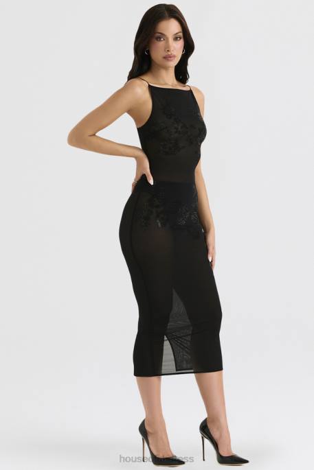 House of CB Amirah Black Mesh Crystal Embellished Midi Dress Clothing 4H6N367