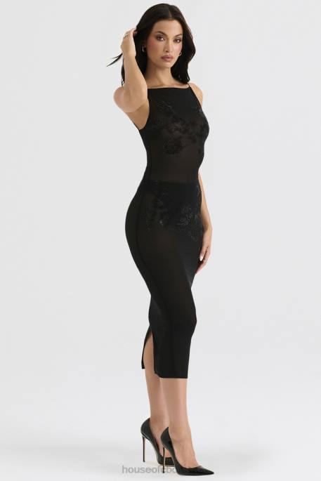 House of CB Amirah Black Mesh Crystal Embellished Midi Dress Clothing 4H6N367