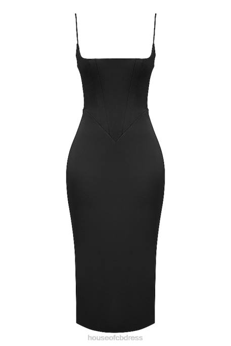 House of CB Anais Black Satin Pointed Corset Midi Dress Clothing 4H6N489