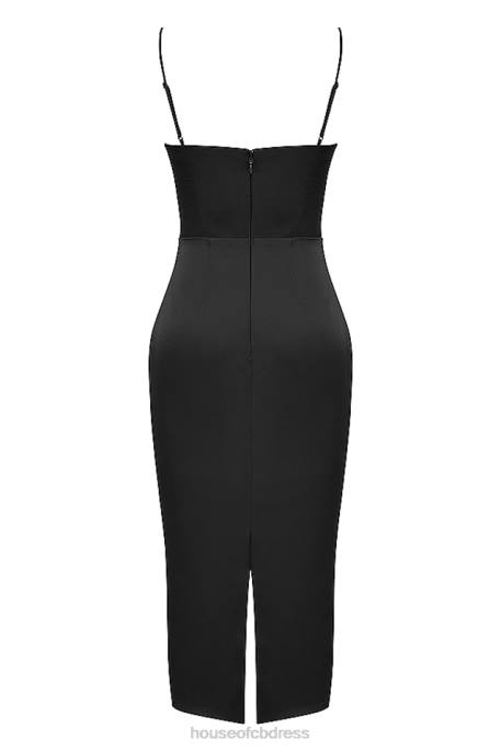 House of CB Anais Black Satin Pointed Corset Midi Dress Clothing 4H6N489