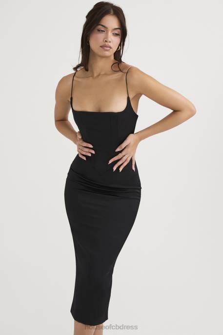 House of CB Anais Black Satin Pointed Corset Midi Dress Clothing 4H6N489