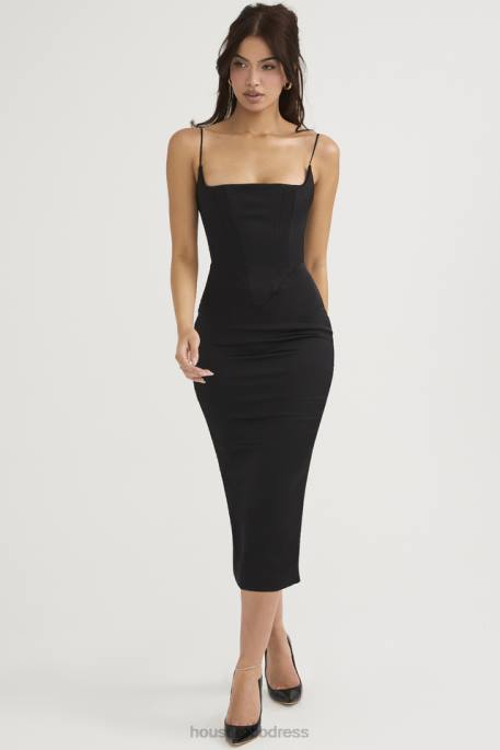 House of CB Anais Black Satin Pointed Corset Midi Dress Clothing 4H6N489