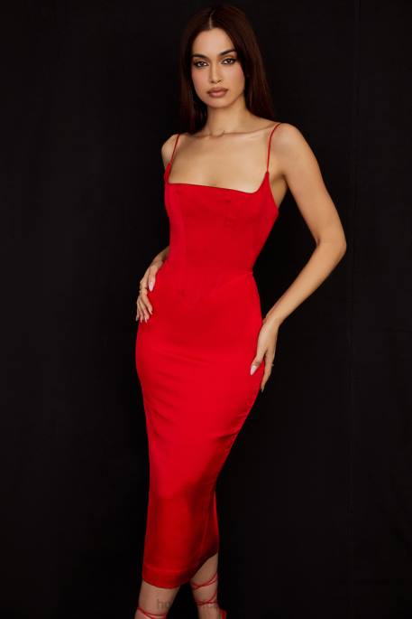 House of CB Anais Scarlet Satin Corset Midi Dress Clothing 4H6N505