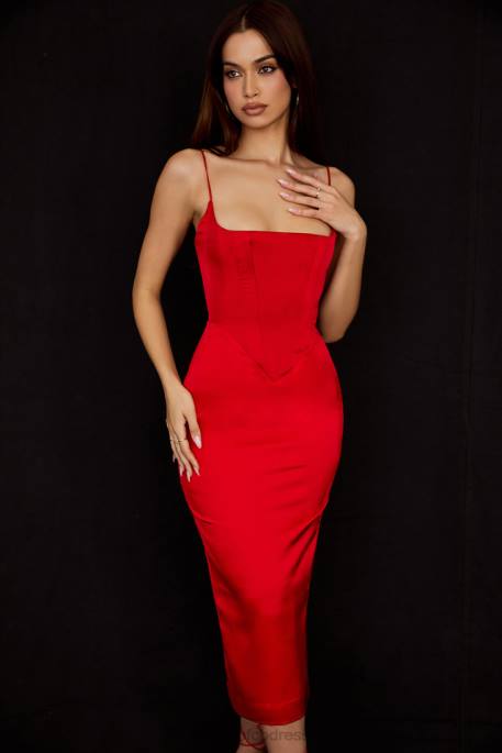 House of CB Anais Scarlet Satin Corset Midi Dress Clothing 4H6N505
