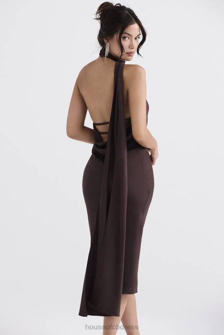 House of CB Angelina Chocolate Wrap Neck Midi Dress Clothing 4H6N326