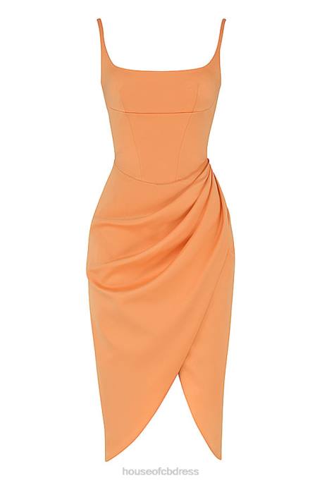 House of CB Bianca Tangerine Satin Pleated Corset Midi Dress Clothing 4H6N479