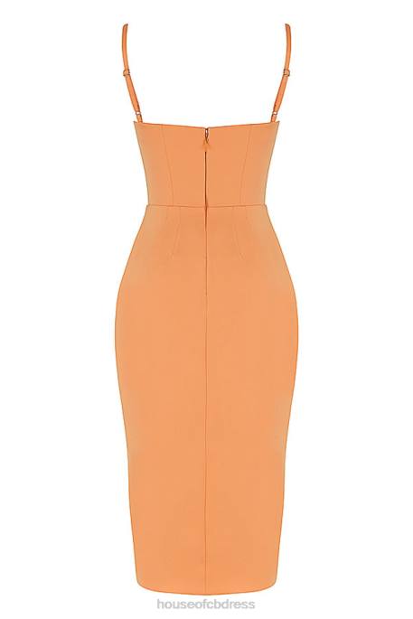 House of CB Bianca Tangerine Satin Pleated Corset Midi Dress Clothing 4H6N479
