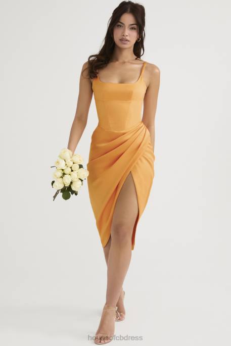 House of CB Bianca Tangerine Satin Pleated Corset Midi Dress Clothing 4H6N479