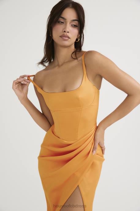House of CB Bianca Tangerine Satin Pleated Corset Midi Dress Clothing 4H6N479