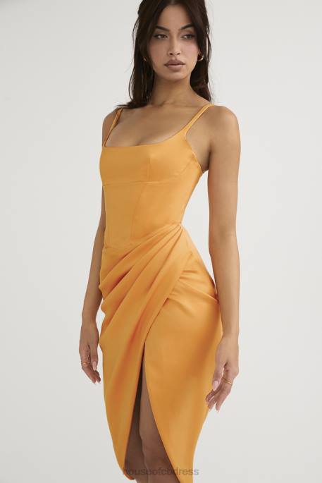 House of CB Bianca Tangerine Satin Pleated Corset Midi Dress Clothing 4H6N479