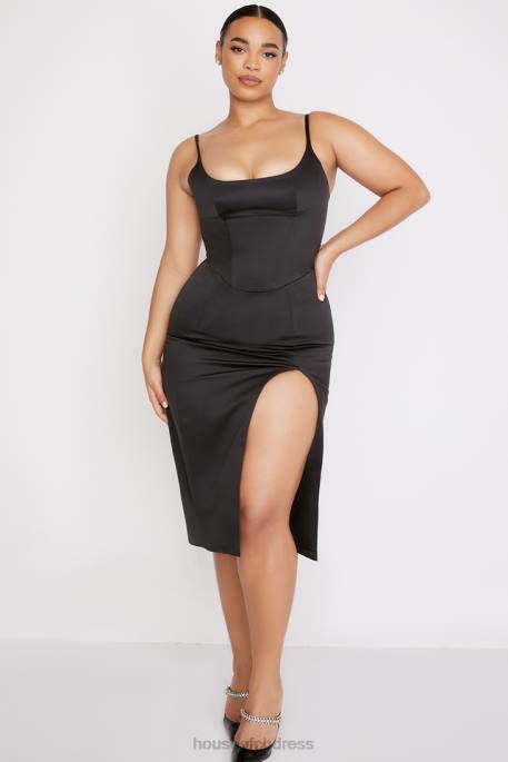 House of CB Casimira Black Satin Corset Midi Dress Clothing 4H6N521
