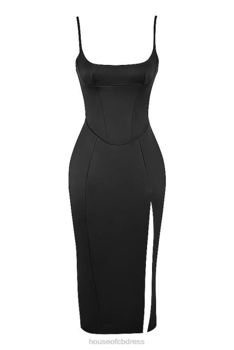 House of CB Casimira Black Satin Corset Midi Dress Clothing 4H6N521