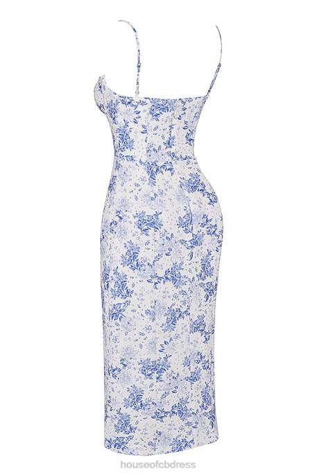House of CB Charlotte Blue Print Corset Midi Dress Clothing 4H6N268