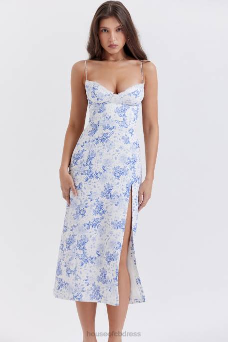 House of CB Charlotte Blue Print Corset Midi Dress Clothing 4H6N268