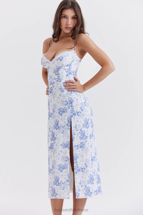 House of CB Charlotte Blue Print Corset Midi Dress Clothing 4H6N268