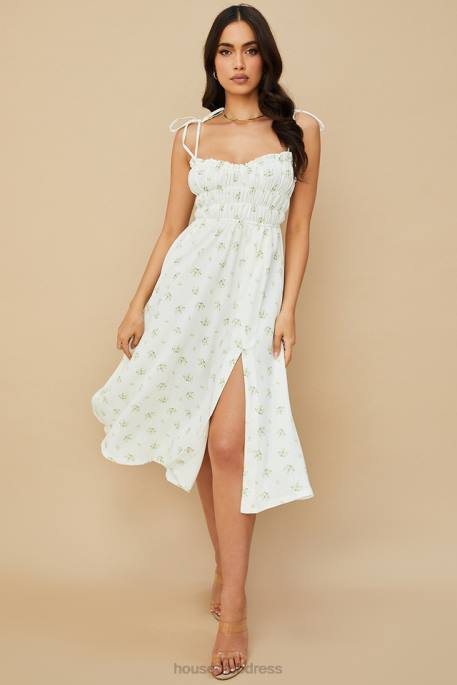 House of CB Christabel Ivory Floral Shirred Midi Dress Clothing 4H6N555
