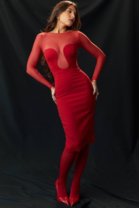 House of CB Darcy Scarlet Plunge Midi Dress Clothing 4H6N109