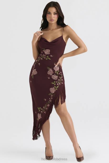 House of CB Eloisa Wine Embroidered Midi Dress Clothing 4H6N361