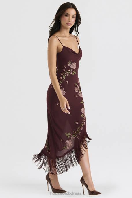 House of CB Eloisa Wine Embroidered Midi Dress Clothing 4H6N361