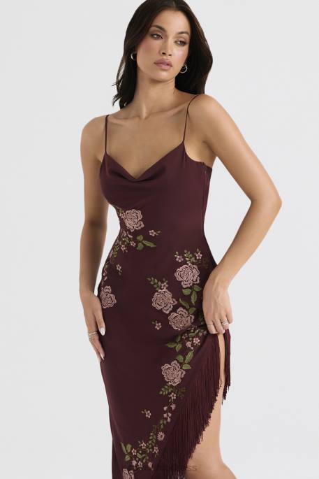 House of CB Eloisa Wine Embroidered Midi Dress Clothing 4H6N361