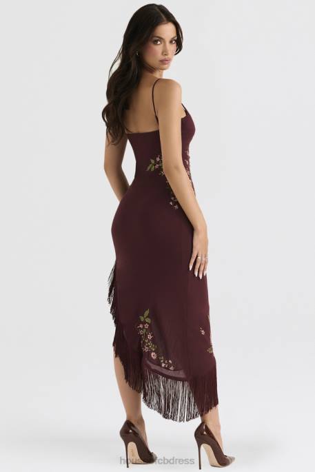 House of CB Eloisa Wine Embroidered Midi Dress Clothing 4H6N361