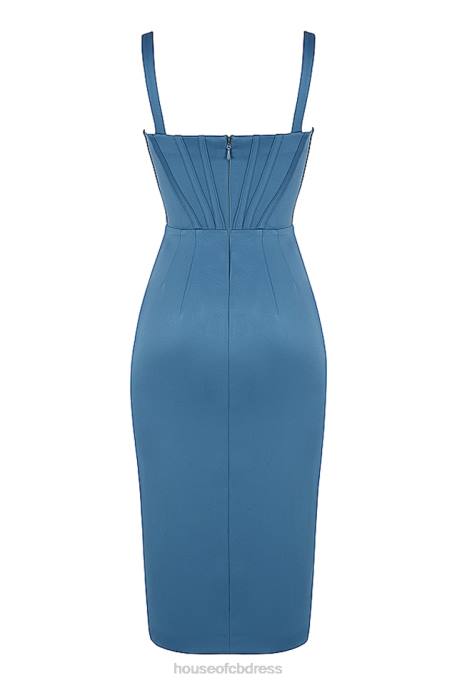 House of CB Faye Blue Satin Corset Midi Dress Clothing 4H6N551