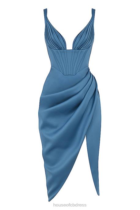 House of CB Faye Blue Satin Corset Midi Dress Clothing 4H6N551