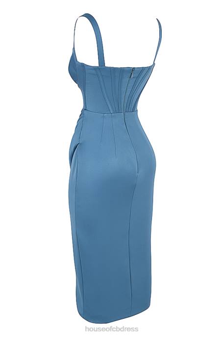 House of CB Faye Blue Satin Corset Midi Dress Clothing 4H6N551