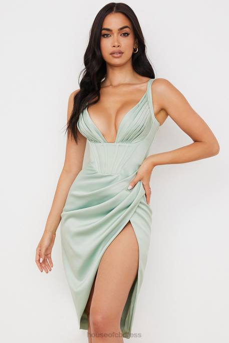 House of CB Faye Pistachio Satin Corset Midi Dress Clothing 4H6N563